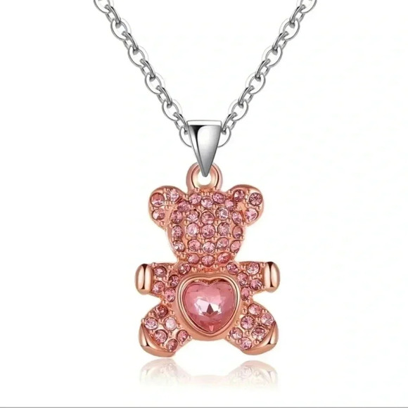 Cute Cubic Zirconia Rose Gold Bear with Pink Stone Pendant Necklace - Picture 1 of 3